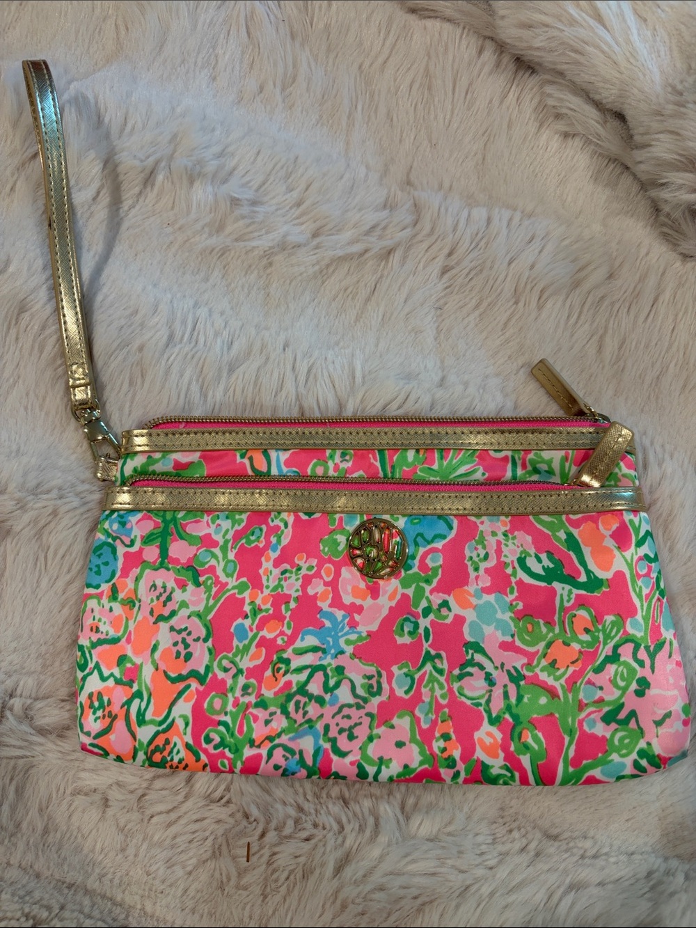 Lilly Pulitzer Pink Green Coral Floral Wristlet with Gold Trim